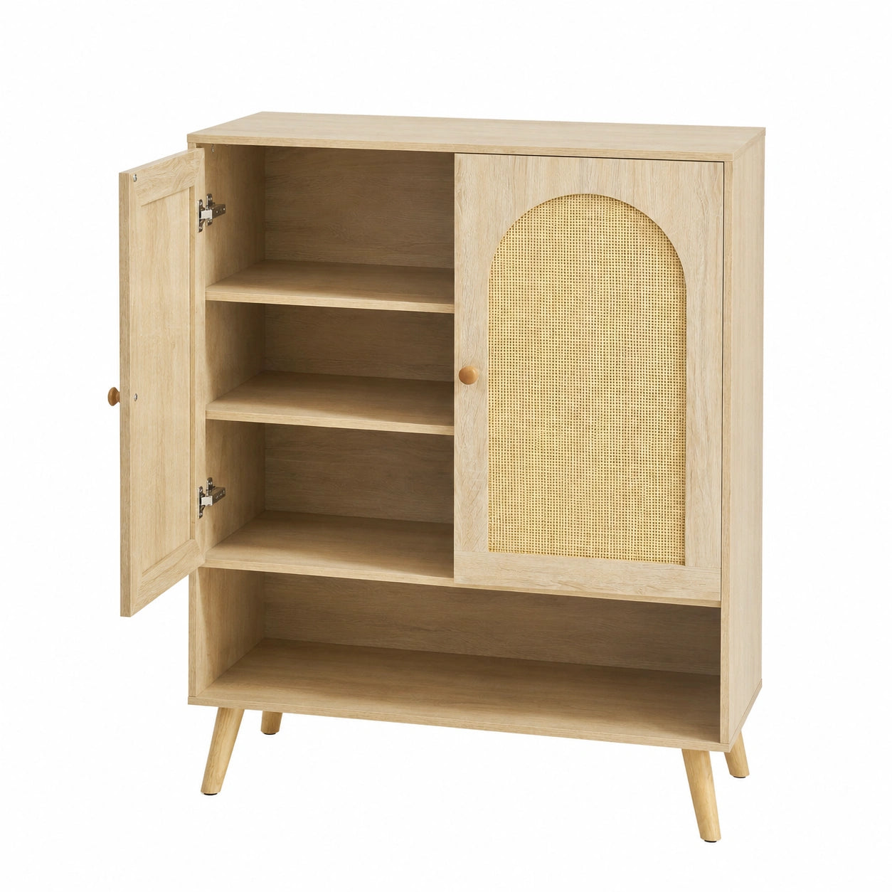 Sideboard – 82 × 100 × 40 cm, mit Ablagen, aus Eichenholz und Rattan