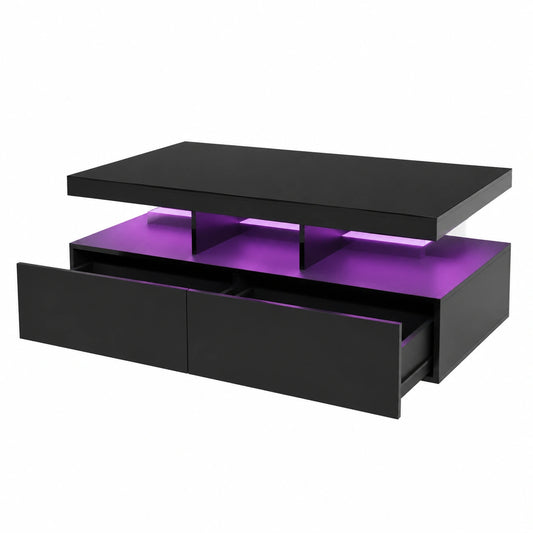 Couchtisch – moderner Stil, rechteckige Form, mit LED-Beleuchtung, mit Schubladen, Schwarz, für Wohnzimmer
