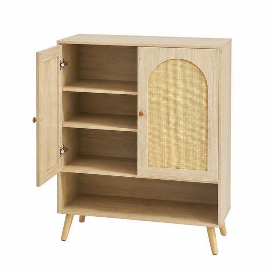 Sideboard – 82 × 100 × 40 cm, mit Ablagen, aus Eichenholz und Rattan